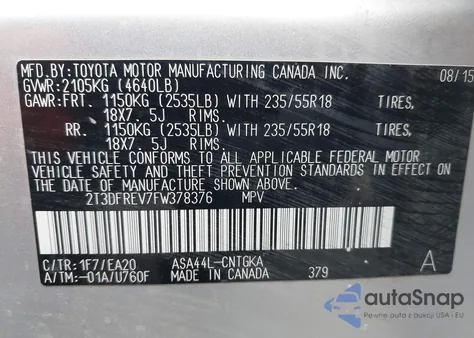 2015 Toyota Rav4 Limited z USA, uszkodzony, nr VIN 2T3DFREV7FW378376